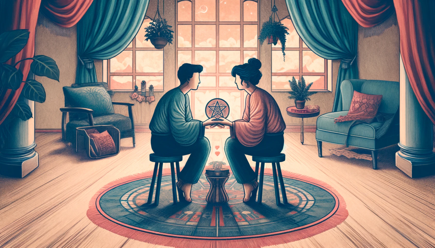 Two figures sit closely but hold tightly to their own pentacles, symbolizing a relationship marked by stability yet cautious distance. The visualization captures the complexity of balancing security with vulnerability, highlighting themes of self-protection and the potential for growth through sharing openly.