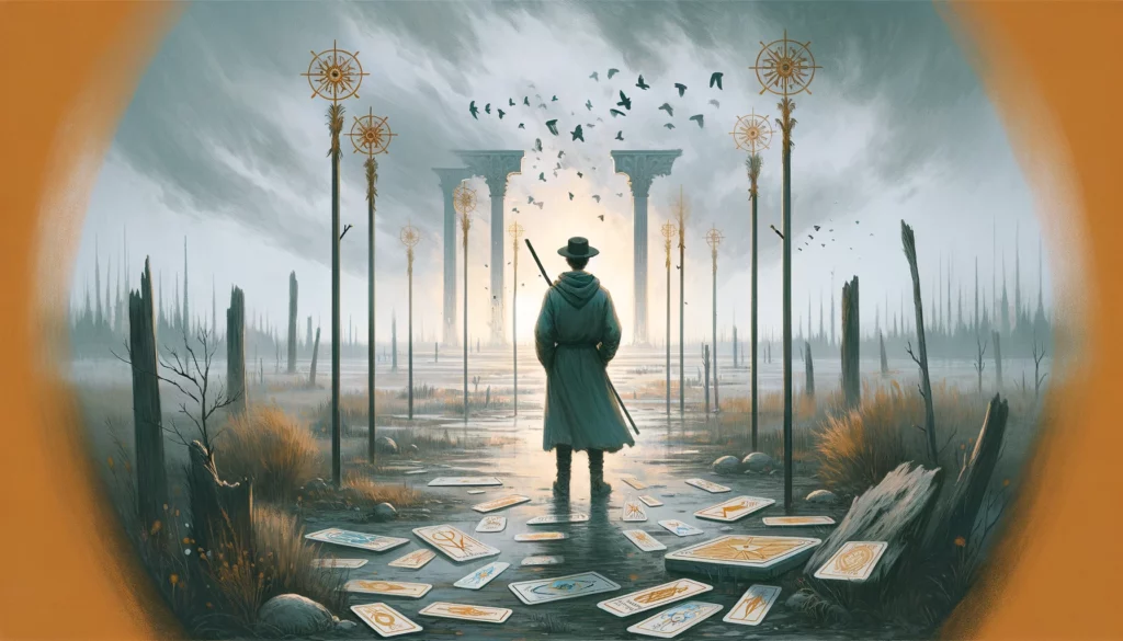  An image portraying themes of disappointment, instability, and a sense of being disconnected from one's community or support network. The visual depicts an individual amidst a somber atmosphere, symbolizing the emotional landscape of facing the negative aspects of the Four of Wands Reversed. It emphasizes the need for reconnection and the journey back towards a sense of belonging and celebration, enriching the article with insights into overcoming challenges and rebuilding connections.





