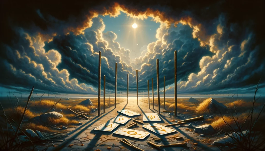 An empty and abandoned celebration setting, hinting at themes of instability and unfulfilled expectations associated with the reversed card in a tarot reading. The deserted atmosphere symbolizes the lack of celebration and potential setbacks, while also suggesting the opportunity for growth and eventual fulfillment despite current challenges.