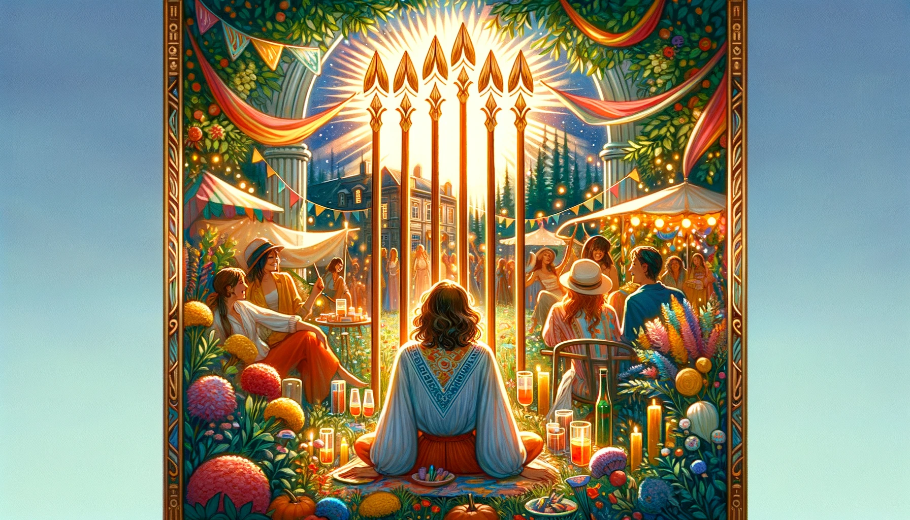 A person reaching out to join a joyful gathering, symbolizing the desire for celebration, community, and stability. The vibrant scene depicts harmonious relationships, meaningful connections, and a life filled with joy and celebration, against a backdrop representing unity, prosperity, and the realization of dreams.