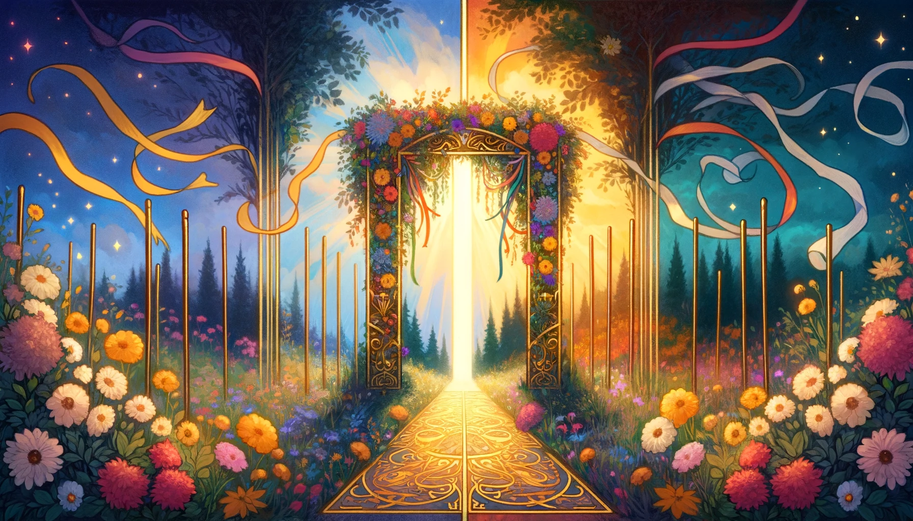 A split image displaying contrasting outcomes in a tarot reading: on one side, vibrant celebrations and fulfillment symbolize a positive "Yes" answer, while on the other side, a subdued scene hints at missed opportunities despite the absence of the card's positive energy, emphasizing the duality of outcomes and potential for growth.