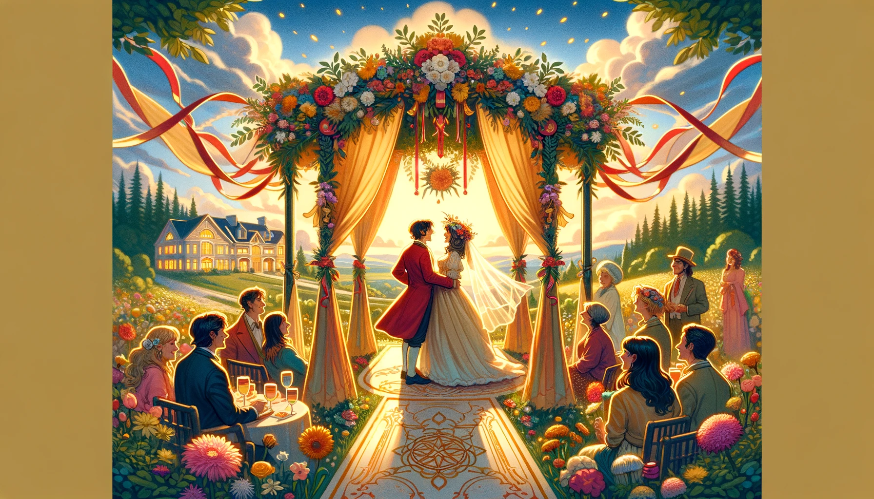 The image depicts a joyous couple celebrating a significant milestone amidst their supportive community, symbolizing themes of celebration, stability, and shared success in their relationship. The backdrop signifies the foundation and promising future of their union.