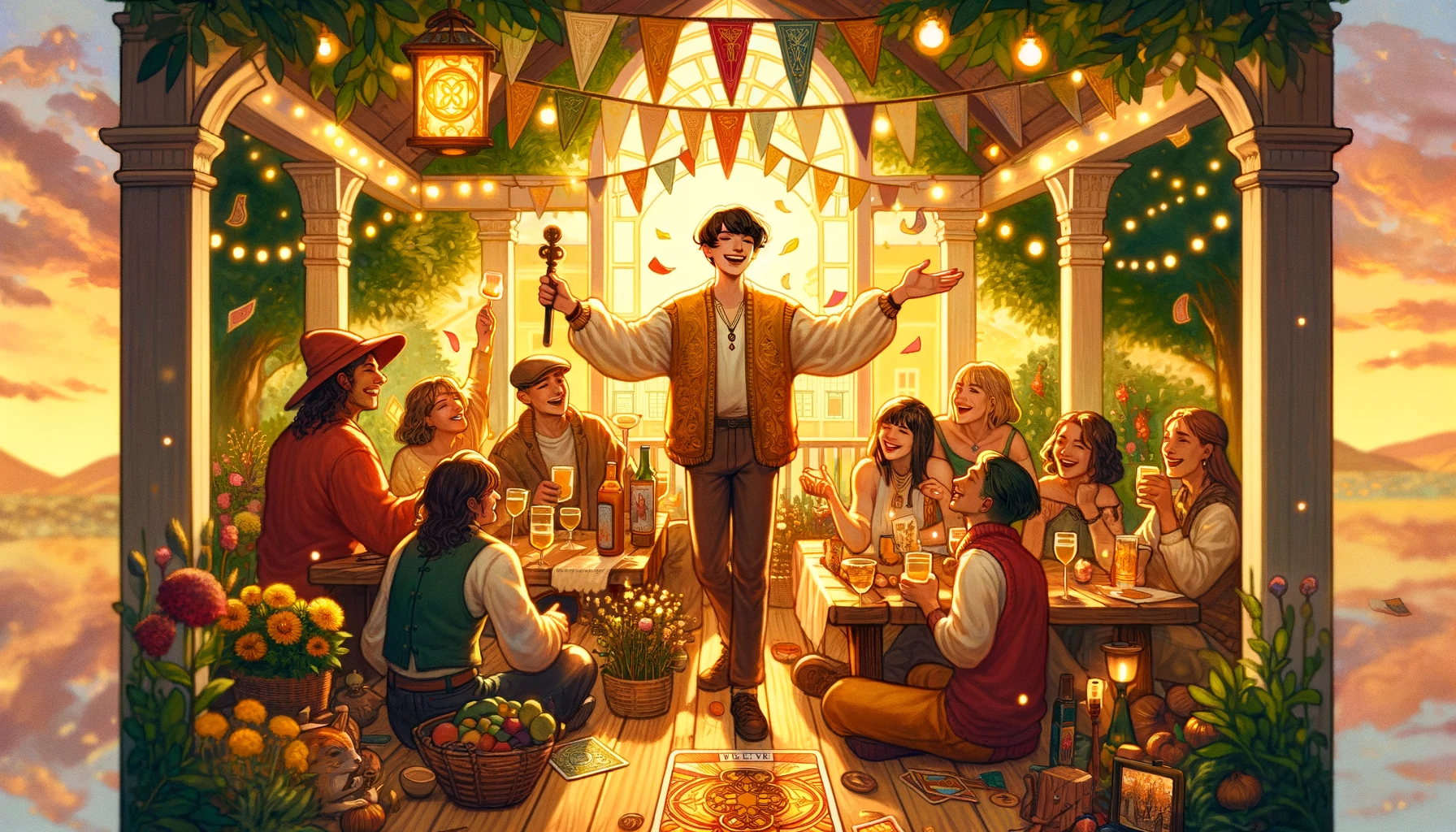 The image features a person surrounded by a jubilant community, radiating joy and celebration as they bask in the glow of their accomplishments. This visual captures the sense of belonging and positive energy associated with the card, emphasizing their influence in fostering a nurturing and celebratory atmosphere within the community.