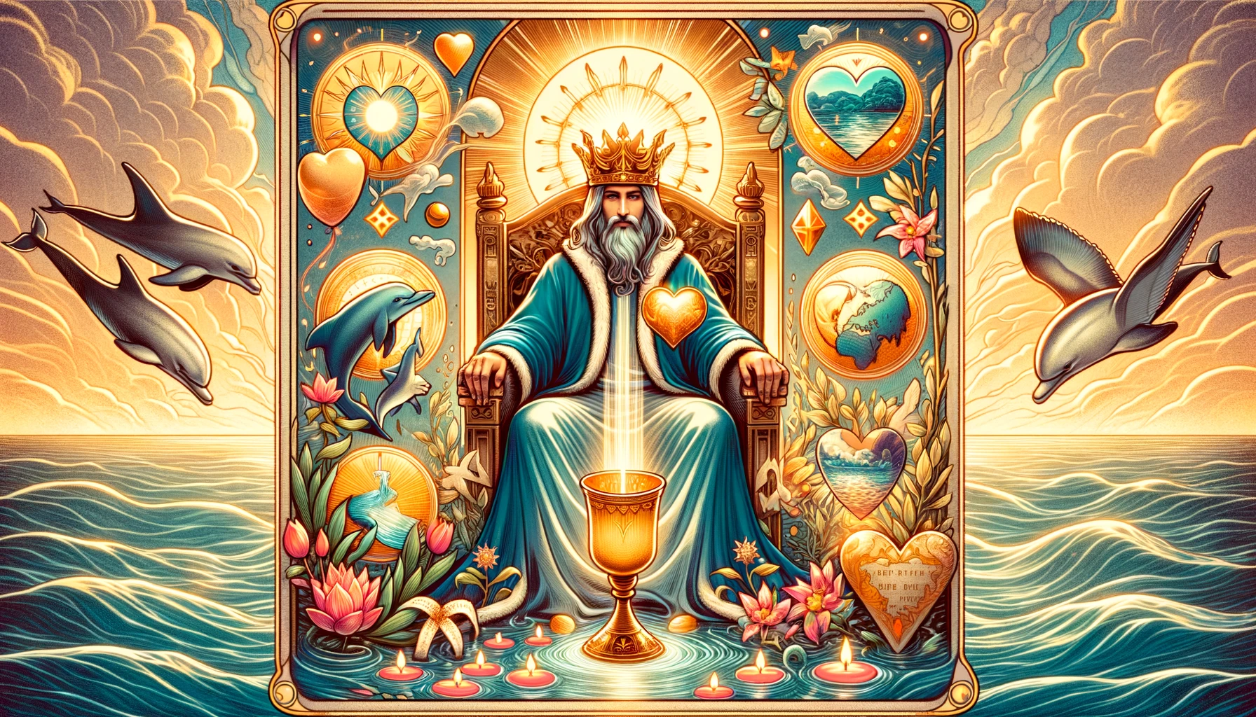 "Visual depiction of the King of Cups embodying emotional depth, understanding, and nurturing qualities, offering a compelling backdrop for exploring emotional desires and aspirations."