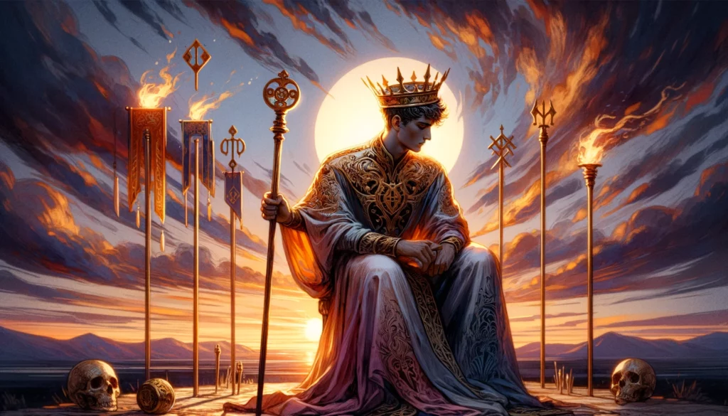 An illustration portraying the King in a contemplative stance, suggesting a period of reassessment or temporary redirection. Subdued lighting and symbols of paused projects add depth to his reflective state, while subtly conveying his underlying strength and readiness for future endeavors. This portrayal beautifully captures the complexity of a powerful figure in a phase of planning and regrowth.
