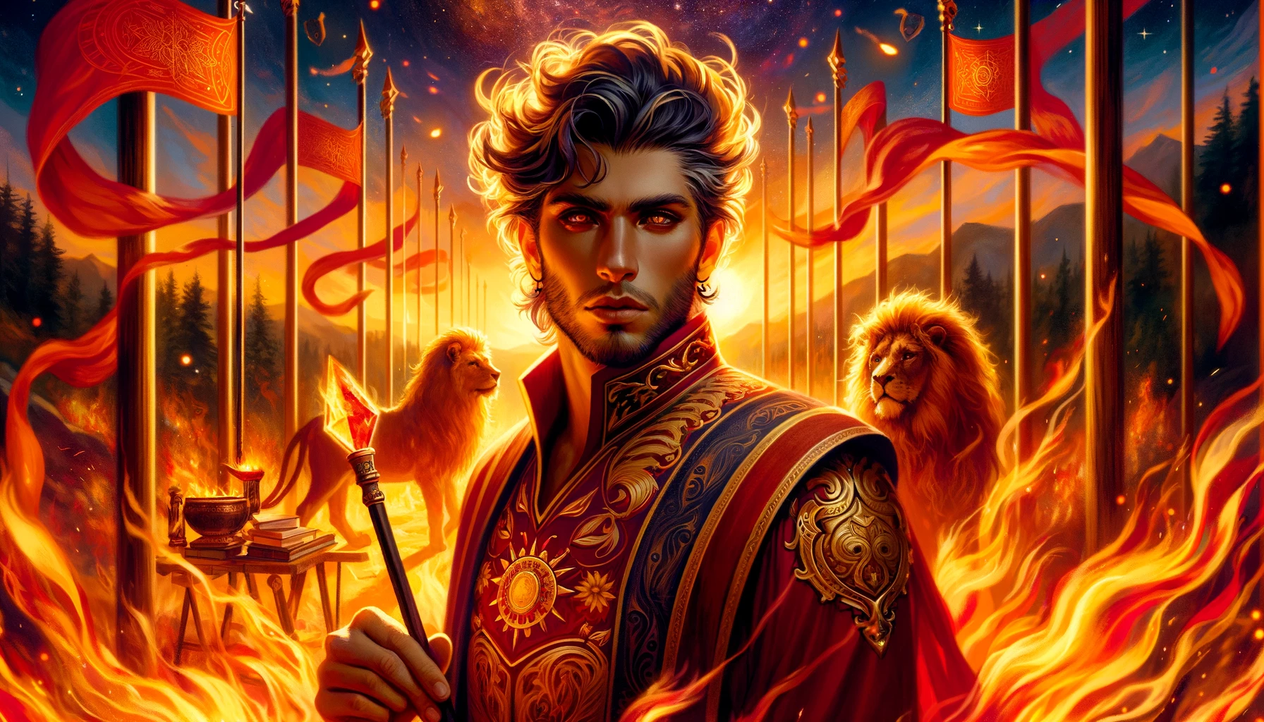 An illustration vividly portraying the intense and dynamic emotional landscape associated with the King of Wands, highlighting his aura of confidence, determination, and the fiery energy that surrounds him, enriching the article by bringing to life the passionate and action-oriented feelings embodied by the card.