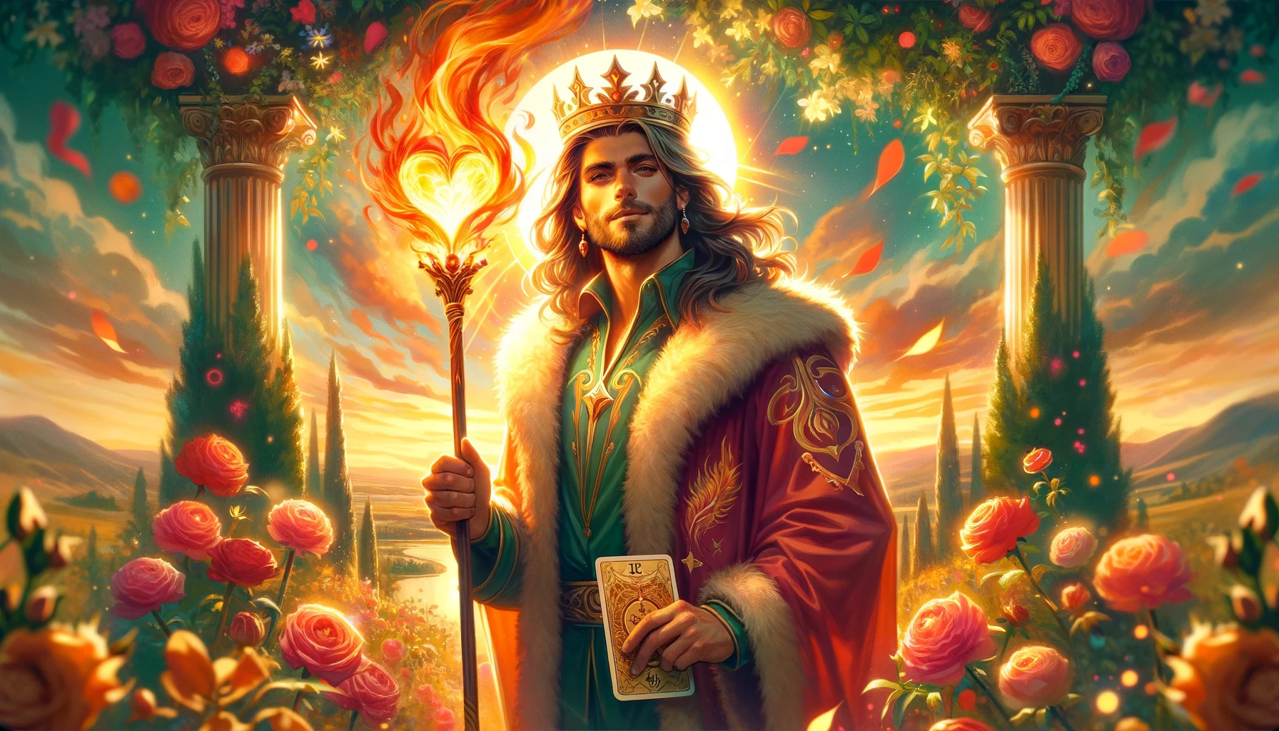 An illustration depicting the King as a dynamic and passionate lover in a romantic and vibrant scene. He stands as a symbol of warmth, energy, and burning intensity in relationships, capturing the essence of a thriving love connection filled with adventure, mutual growth, and exhilarating experiences promised by love with the King of Wands.
