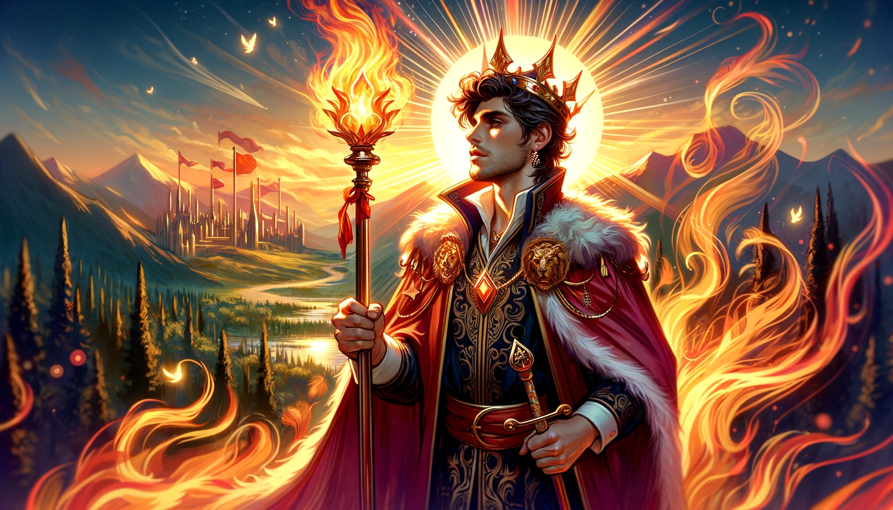 An image overflowing with energy, passion, and determination. The King stands in a commanding pose, surrounded by a vivid backdrop symbolizing his realm of influence. Warm colors reflect his fiery temperament, illustrating his dynamic spirit and visionary nature. This portrayal embodies the inspirational force and leadership qualities associated with the King of Wands in tarot readings.
