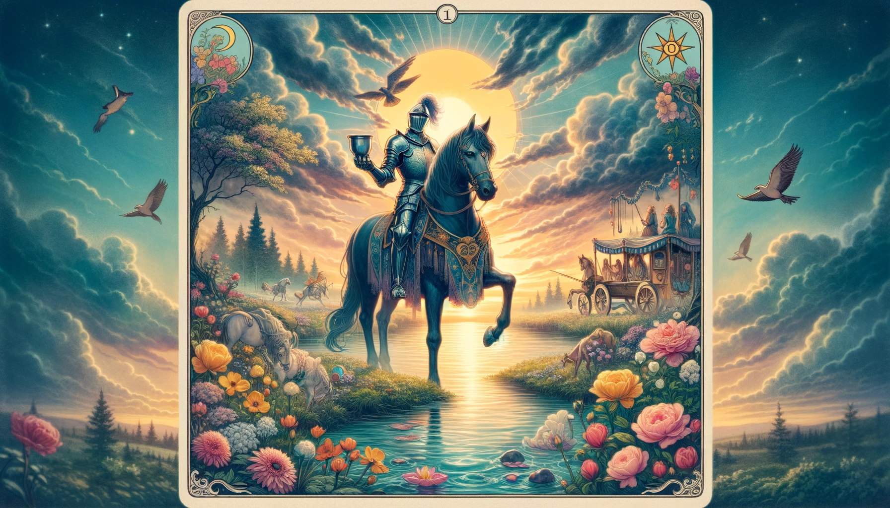 "Illustration portraying a romantic and dreamy atmosphere with a knight symbolizing charm, affection, and sensitivity amidst symbols of love and emotional depth, suggesting an invitation to love and emotional proposals."