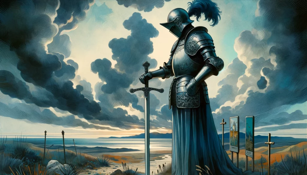 "An illustration depicting the Knight of Swords Reversed tarot card, symbolizing reflection, caution, and the importance of introspection before action. The artwork enriches the article by visually representing the potential for growth and clarity that can arise from embracing the lessons of this card."





