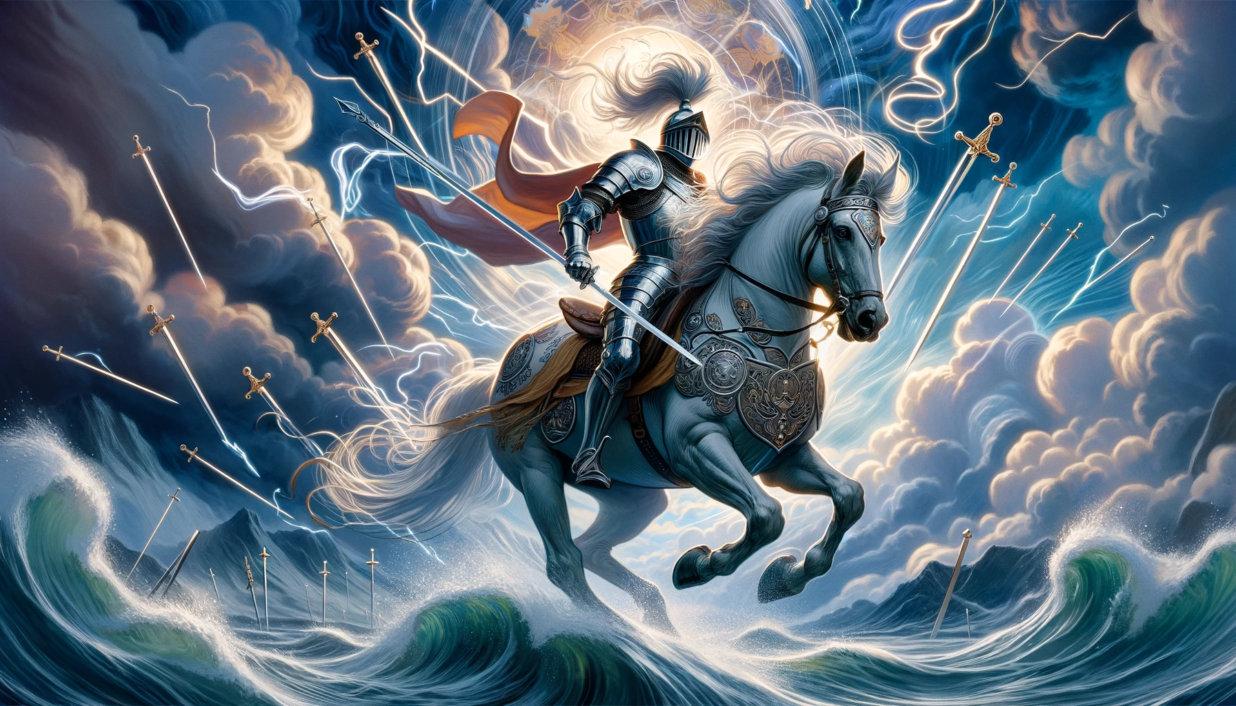 "Illustration capturing the intense emotions and dynamic energy of the Knight of Swords, depicting swift movement against a tumultuous emotional backdrop. This visual enhances the article by conveying the card's complex interplay of intellect and emotion in tarot readings."