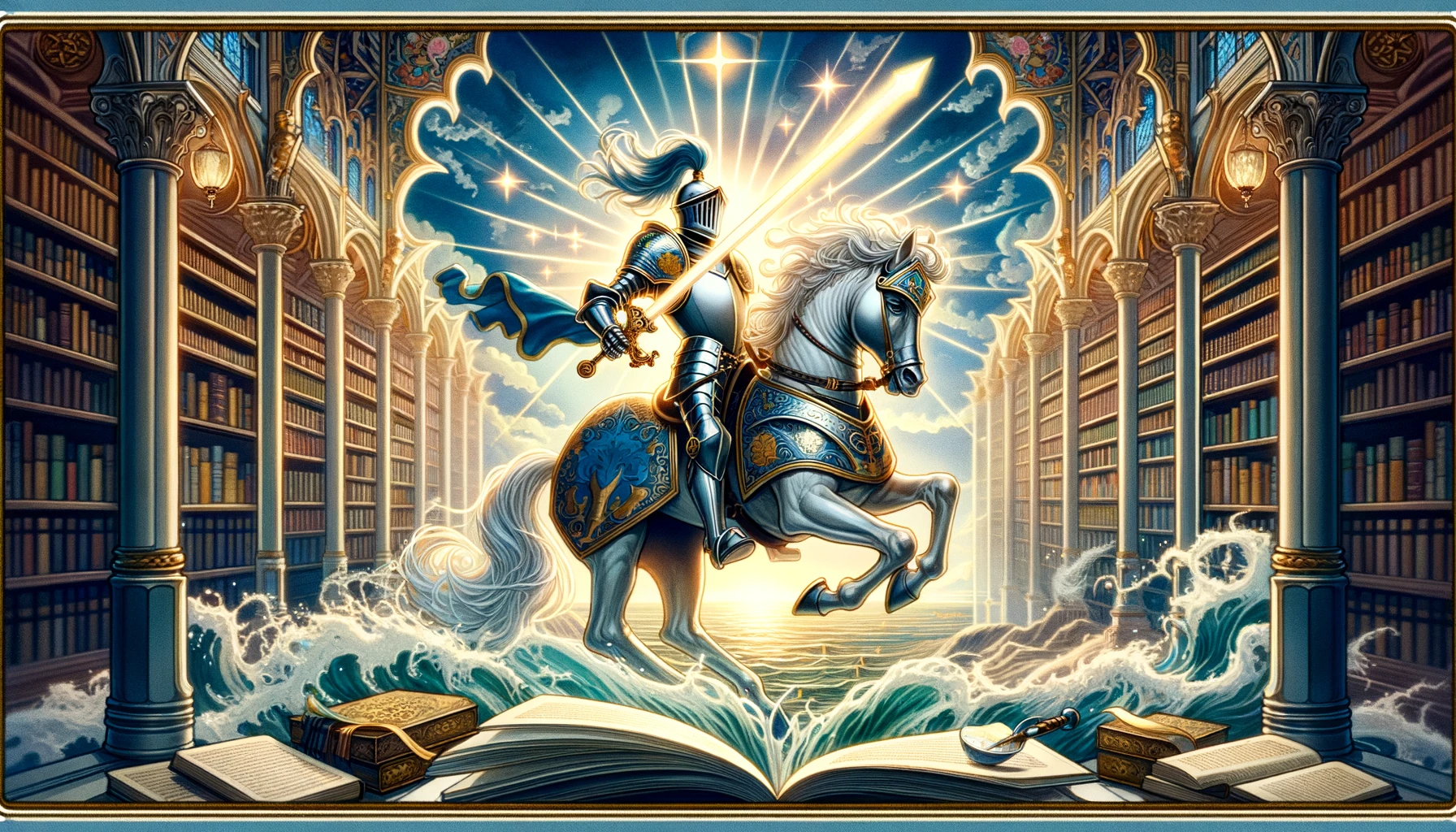 "An illustration depicting the Knight of Swords tarot card, showcasing the knight's ambition, direct action, and pursuit of intellectual challenges. The artwork embodies desires for intellectual achievement, clear communication, and the courage to confront challenges, enriching the article with a dynamic visual interpretation of the card's significance in expressing one's goals and aspirations."