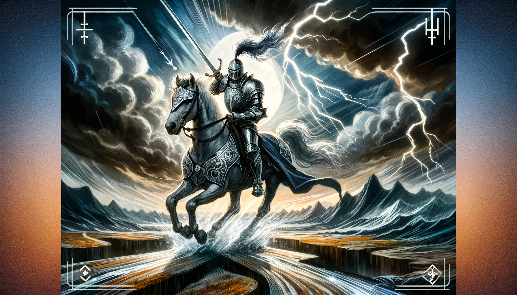 "Illustration of the Knight of Swords tarot card, symbolizing swift action, change, and intellectual challenges. The dynamic scene captures the essence of navigating through tumultuous situations, offering a compelling visual interpretation of the card's significance in the context of life's changing circumstances."