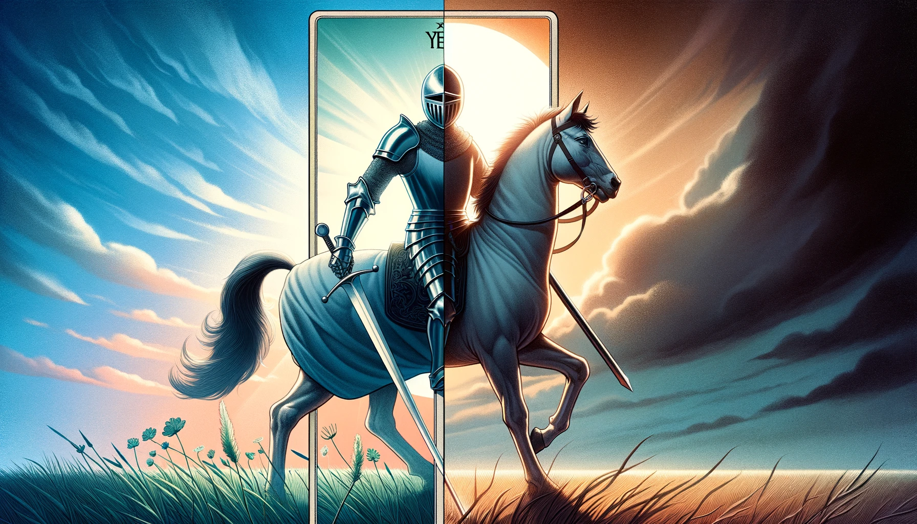 "An illustration depicting the Knight of Swords tarot card split into two sides, one symbolizing action and decisiveness ('Yes') and the other representing hesitation and reconsideration ('No'). The artwork enriches the article by visually illustrating the complexities and interpretive nuances of the Knight of Swords in tarot readings."