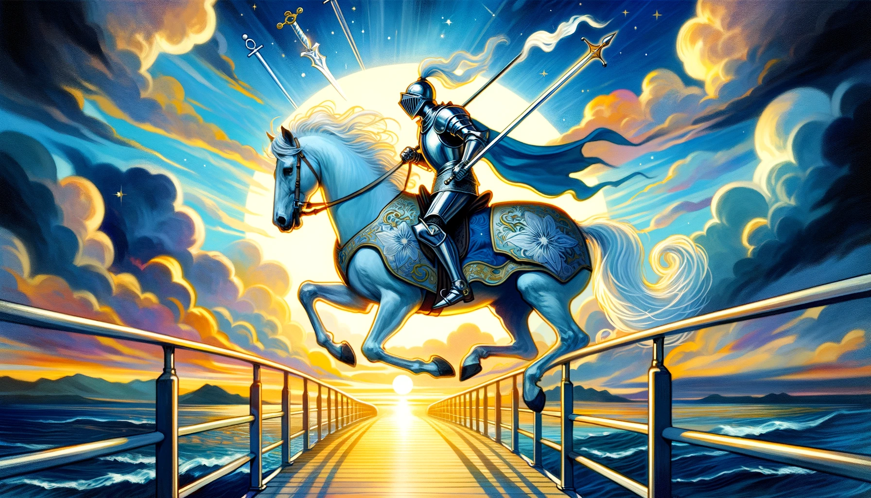 "An illustration representing dynamic change and clear communication in relationships, symbolized by the Knight of Swords tarot card, as a figure bravely confronts challenges amidst shifting weather, evoking themes of resolution and growth."