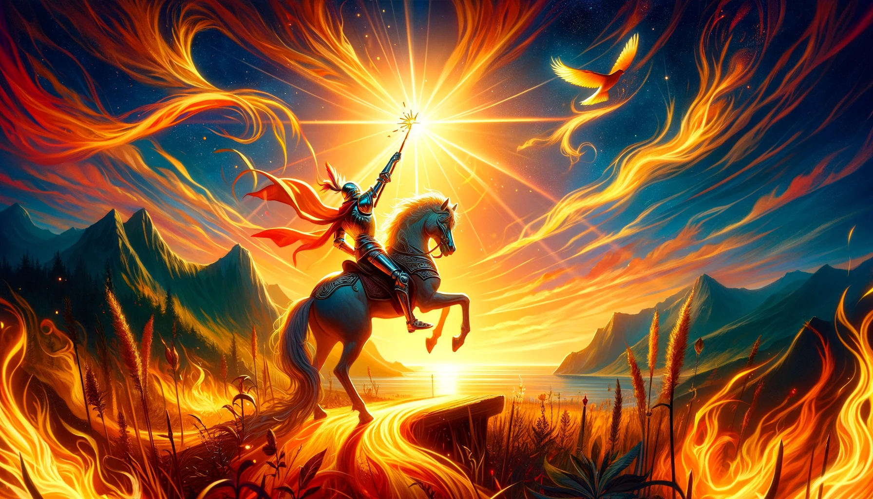 An illustration depicting the Knight of Wands, radiating passion and enthusiasm, against a backdrop bursting with vibrant energy. The scene captures the intense emotions and spirit of adventure associated with the card, perfectly embodying its dynamic nature and emotional intensity in matters of the heart.