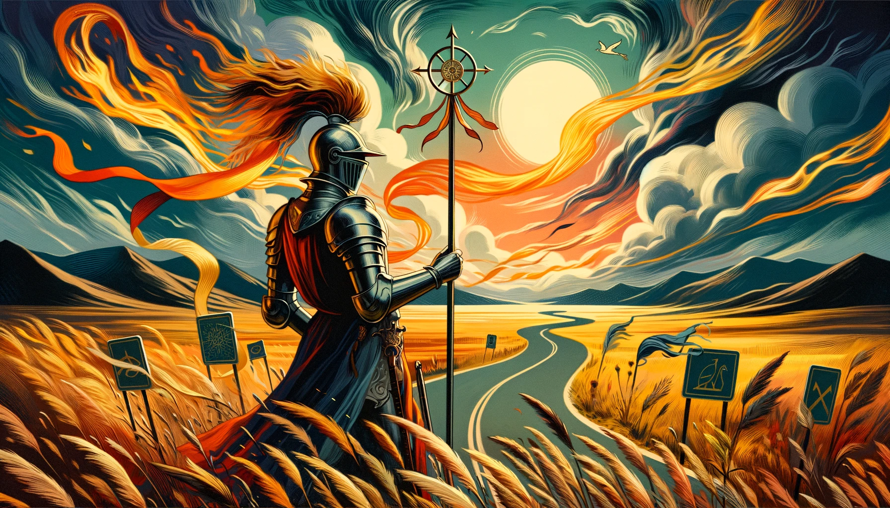 An illustration resembling the Knight of Wands standing confidently amidst symbols of movement and change, symbolizing the desire for action, adventure, and pursuit of passions. The image embodies the card's fiery and passionate nature, depicting boundless opportunities and personal aspirations.