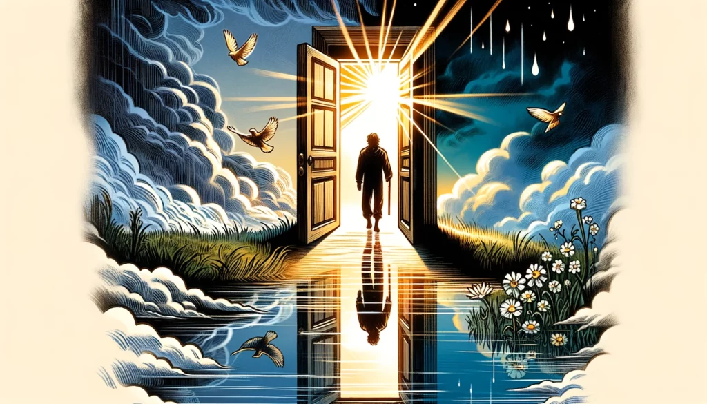 Figures previously in a cold and desolate environment move towards an open door spilling light, symbolizing recovery from hardship, the journey towards healing, and the transformation with seeking help and embracing new opportunities. Captures the essence of hope, recovery, and community connection highlighted by the Reversed Five of Pentacles.






