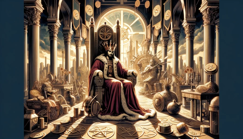 The image portrays a king seated on a throne, appearing disconnected from his surroundings. The throne symbolizes a detachment from reality or an obsession with material wealth. This visualization embodies the essence of materialism, highlighting the pitfalls of excess and the importance of balancing worldly success with personal integrity and genuine connections. It suggests issues related to the misuse of power, financial mismanagement, or the neglect of deeper values beyond material success.