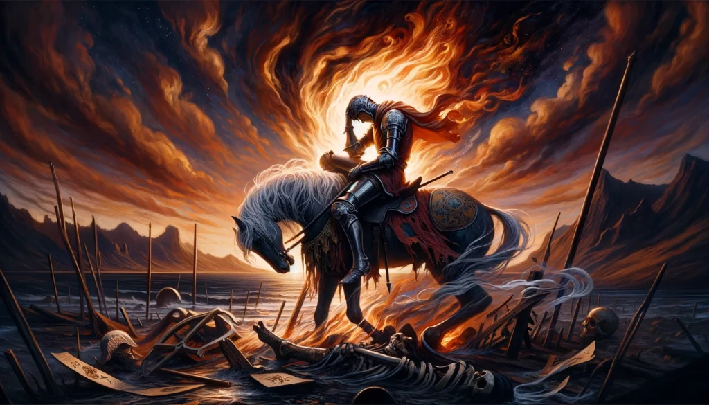  The image portrays the Knight of Wands in a moment of pause amidst chaos, symbolizing impulsiveness and frustration. Set against a tumultuous landscape, it reflects the challenges of uncontrolled energy and decisions made without foresight, embodying a moment of reckoning and the need to find balance between ambition and wisdom.





