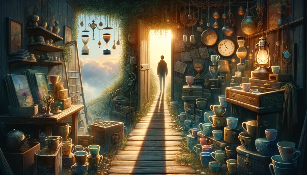 "A thoughtful illustration portraying the journey from a fixation on the past to embracing growth and the future, with visual cues enhancing the exploration of overcoming nostalgia and maturing beyond old memories."






