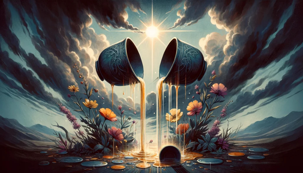  "Illustration representing misalignment and strained relationships, with two cups turned away from each other against a subdued backdrop. Conveys the complexities and emotional imbalances of the reversed Two of Cups in Tarot, while suggesting potential for growth, understanding, and eventual harmony through subtle symbols of hope."





