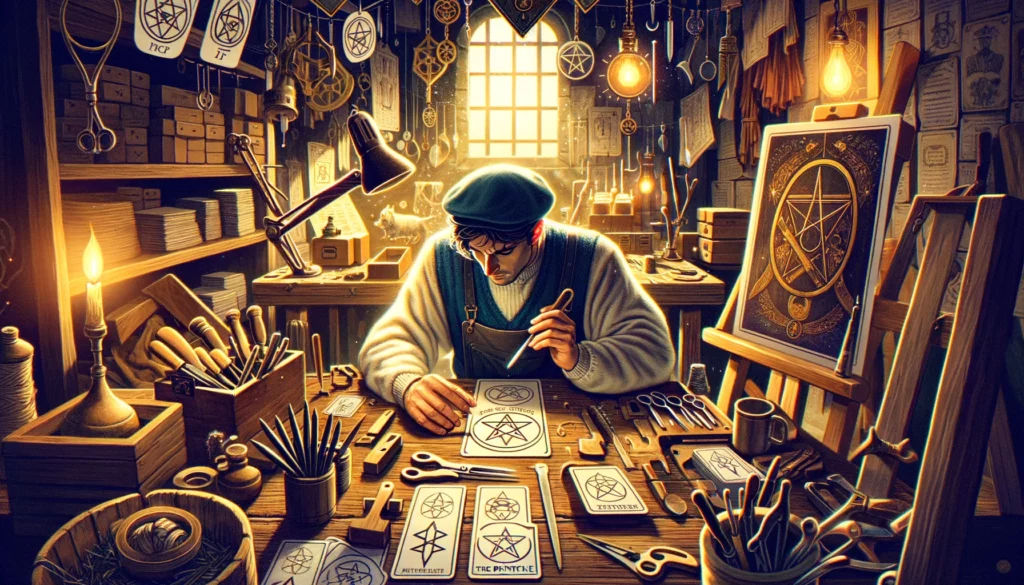 The image depicts an artisan deeply focused on their craft within a workshop filled with tools and pentacles at various stages of completion. The character's dedication, mastery, and attention to detail are evident as they work diligently. This visualization embodies the essence of diligence, craftsmanship, and the pursuit of excellence. It highlights the satisfaction derived from precision and care in one's work and emphasizes the importance of patience and persistence in achieving high-quality results and personal fulfillment.