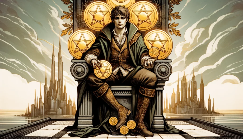 A character seated on a stone throne, clutching four pentacles, against a cityscape backdrop. The visualization conveys themes of security, control, and stability, while hinting at possessiveness and resistance to change. The character's cautious posture reflects the delicate balance between protecting resources and the limitations of being overly protective or resistant to change.






