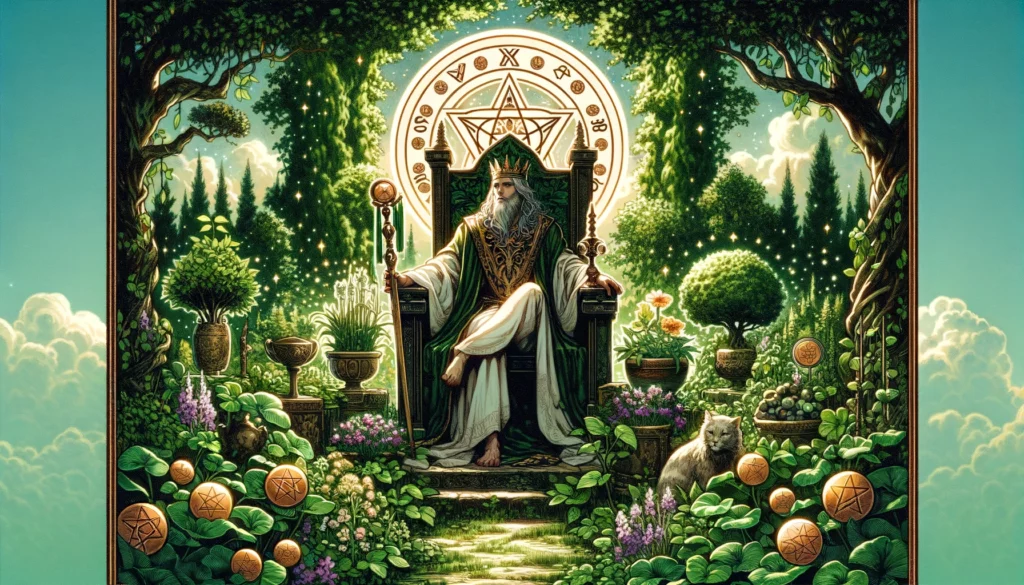 The image depicts a sovereign figure seated upon a throne placed in the midst of a lush, verdant garden. The figure exudes an aura of success, stability, and abundance. This visualization embodies financial mastery, the enjoyment of material success, and the responsibility of nurturing and protecting one's realm. It captures the essence of leadership, reliability, and practicality.