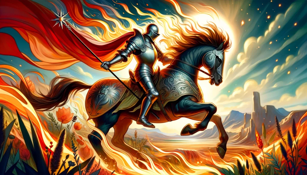 The image depicts the Knight of Wands riding on a spirited horse, charging forward with dynamic energy and bravery. Set against a backdrop suggestive of swift movement and change, it embodies the essence of enthusiasm, exploration, and the fearless pursuit of ambitions.