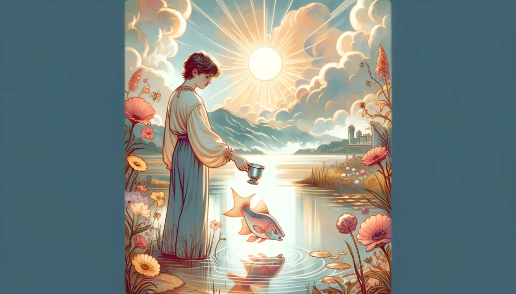"An illustration depicting emotional awakening and the start of a creative or spiritual journey, featuring a youthful figure, water, and a curious fish emerging from a cup, symbolizing themes of renewal, creativity, and the exploration of feelings."





