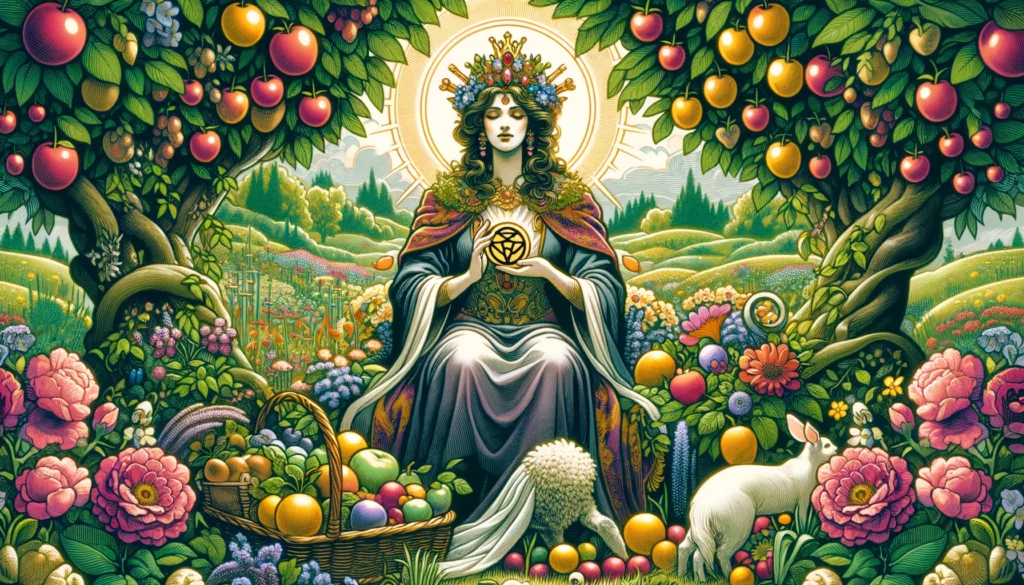 The image portrays a regal figure seated in a lush garden, surrounded by symbols of fertility and comfort. The figure embodies warmth, generosity, and practicality, reflecting the essence of nurturing and stability. The scene emphasizes themes of abundance, care, and the importance of grounding oneself in practical realities while providing for others.