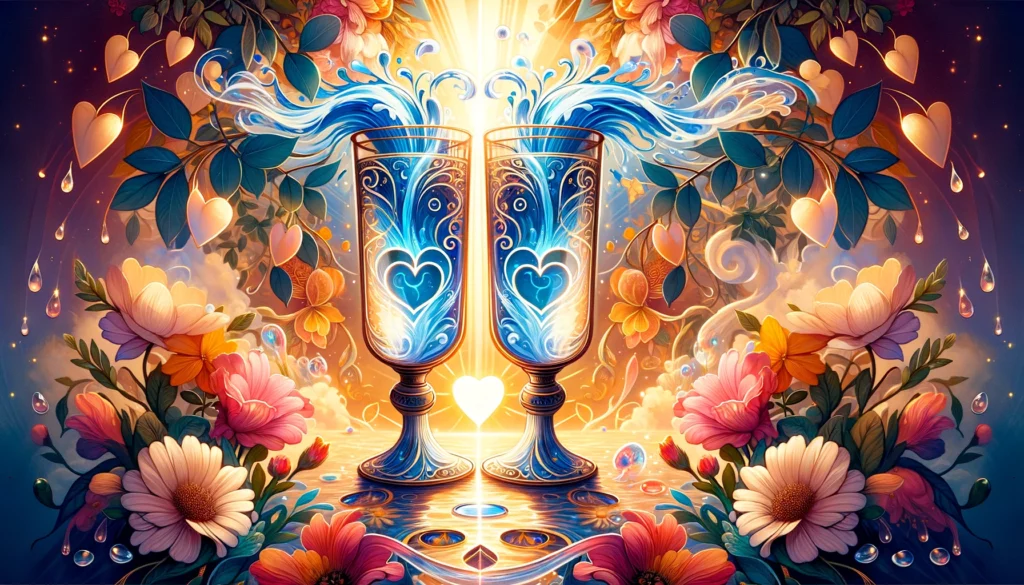 "Illustration symbolizing unity, partnership, and mutual attraction depicted by two cups standing together amidst symbols of love and connection. Conveys the profound emotional and spiritual bonds represented by the Two of Cups in Tarot, embodying the beginnings of a harmonious and fruitful relationship."