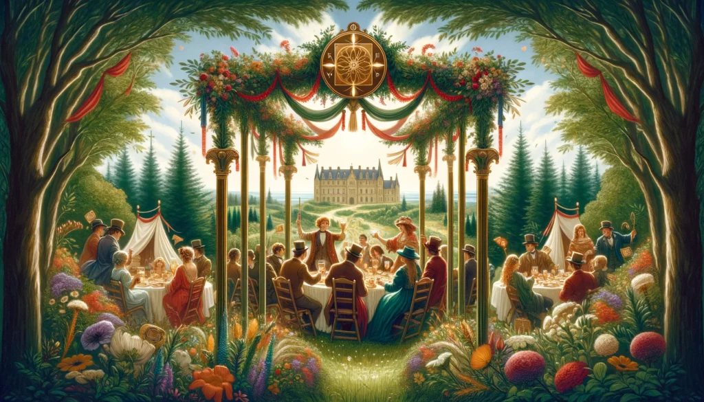 The image illustrates themes of celebration, harmony, and achievement within a community. It depicts a festive gathering symbolizing stability, happiness, and a communal spirit. The backdrop represents security, belonging, and the fruition of hard work, enhancing the sense of accomplishment and unity in the scene.




