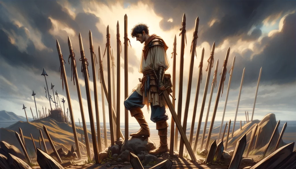 The image features an individual standing firm amidst symbols of past struggles and victories, embodying resilience, perseverance, and unwavering resolve. The scene illustrates the spirit of courage and readiness to face additional challenges, characteristic of the Nine of Wands. The visual representation enriches the article by depicting the strength and determination acquired through enduring many battles, highlighting the individual's unwavering commitment to their path.