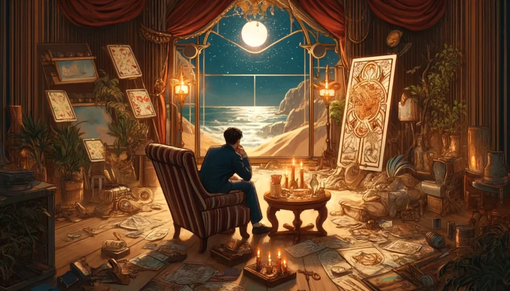 The image depicts an individual surrounded by symbols of wealth and luxury, appearing deep in thought and contemplation. Despite the outward signs of affluence, there is a palpable sense of emptiness and discontentment on the person's face. This visualization evokes themes of introspection, the quest for genuine happiness, and the realization that material wealth alone does not guarantee fulfillment. It underscores the importance of inner fulfillment and the search for deeper meaning beyond material possessions.
