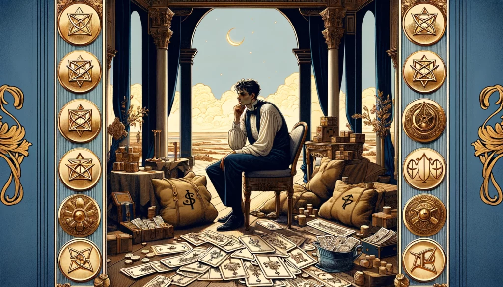 The image portrays a person amidst opulent surroundings, surrounded by symbols of wealth and abundance, yet wearing a contemplative expression that suggests inner turmoil. Despite the material wealth depicted in the scene, there is a sense of introspection and uncertainty, indicating a deeper quest for meaning and fulfillment. This visualization captures the essence of the Reversed Nine of Pentacles, emphasizing themes of inner conflict, the search for genuine happiness, and the realization that true contentment stems from meaningful connections and experiences rather than material possessions alone.
