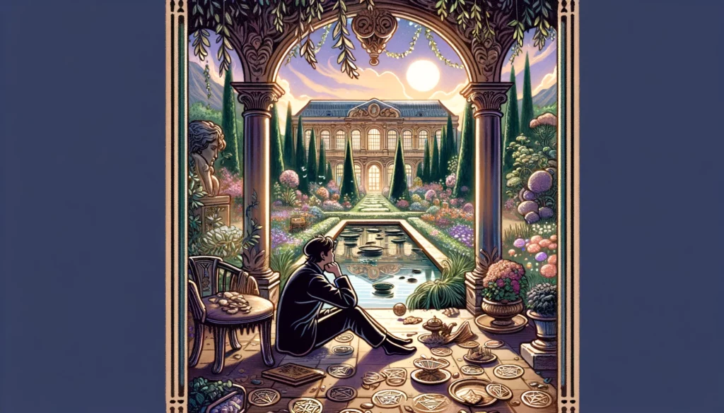 The image portrays a person deep in thought, surrounded by elements that symbolize material abundance but also convey a sense of emptiness or lack of fulfillment. The individual appears contemplative, suggesting a moment of introspection and reevaluation. The scene evokes themes of searching for genuine fulfillment beyond superficial wealth, highlighting the importance of nurturing deeper connections and personal growth. Set against a backdrop that signifies a "No" or a need for reconsideration, the visualization prompts reflection on the true sources of happiness and satisfaction.