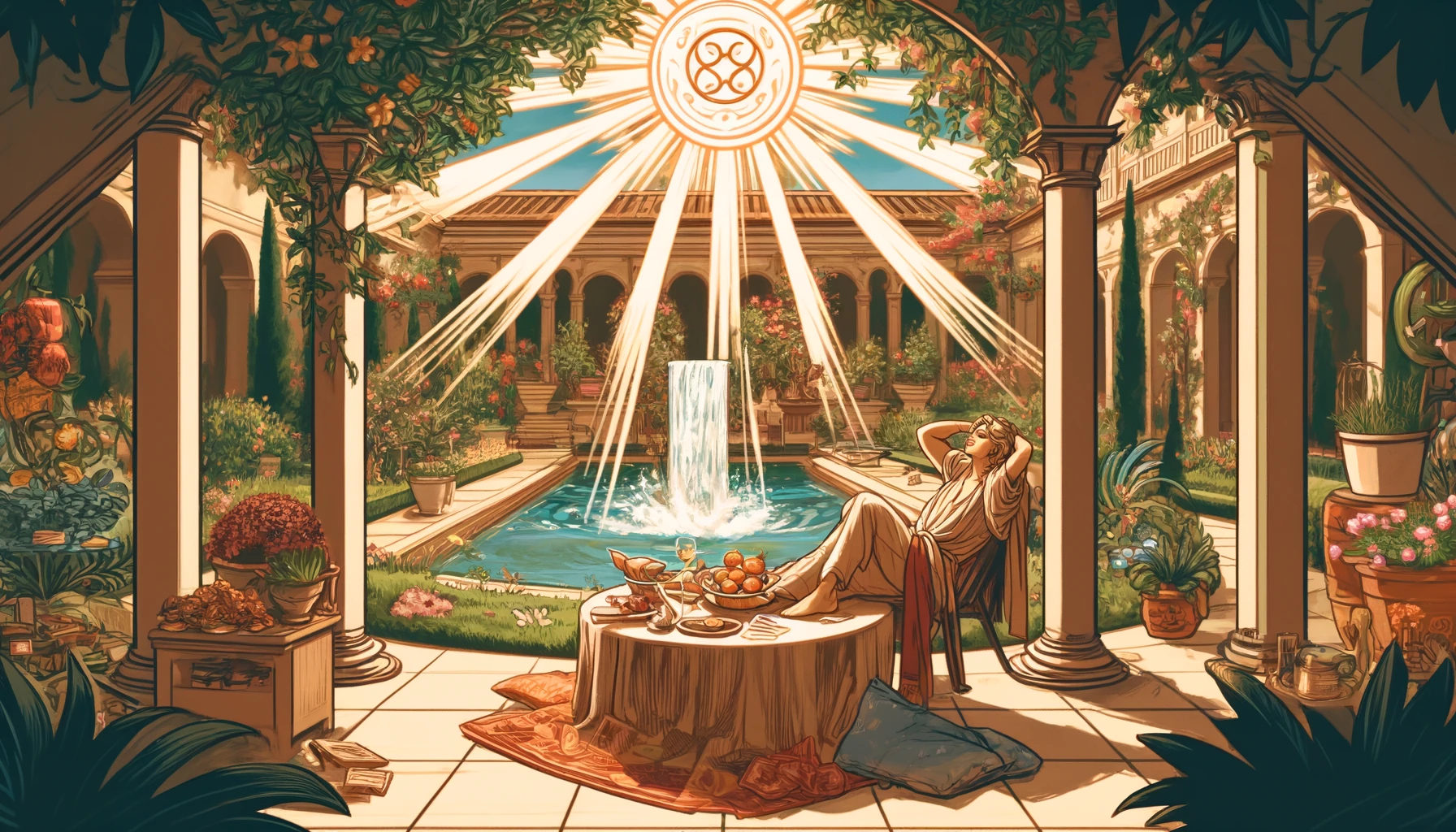 The image portrays an individual standing confidently in a vibrant garden or luxurious environment, surrounded by symbols of success and abundance. The person exudes a sense of pride and contentment, reflecting the rewards of hard work and independence. The scene evokes themes of prosperity, personal achievement, and fulfillment through self-reliance, highlighting a deep sense of satisfaction and contentment with both personal and financial independence.