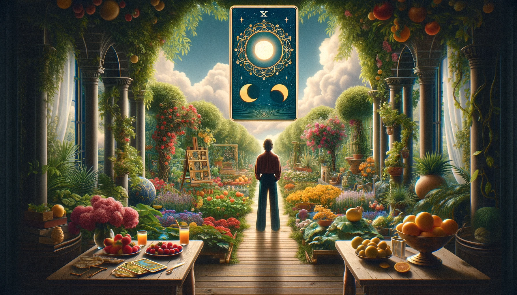 The image depicts an individual standing confidently in a lush and thriving garden or luxurious environment, surrounded by the fruits of their labor. The scene exudes a sense of independence, prosperity, and self-achievement, reflecting the person's success in creating their own thriving space. This visualization embodies themes of self-sufficiency, personal accomplishment, and the joy of enjoying life's rewards on one's own terms.