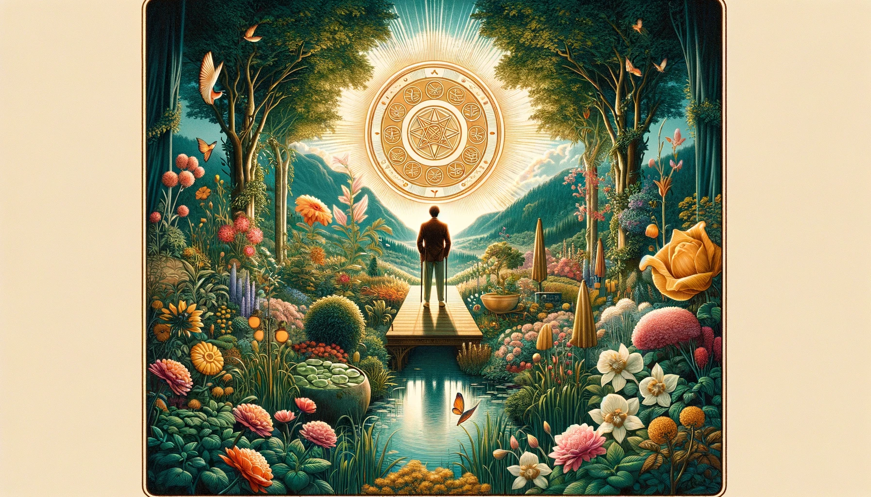 The image depicts a person standing tall and confident in the midst of a vibrant garden, surrounded by lush greenery and blooming flowers. The individual exudes an aura of self-assurance and contentment, symbolizing self-sufficiency, success, and satisfaction with their life's accomplishments. The scene evokes a sense of prosperity and fulfillment, suggesting a positive response to inquiries about personal fulfillment, independence, and the realization of one's aspirations. This visualization embodies themes of growth, abundance, and the rewarding outcomes that stem from dedication and perseverance towards one's goals.