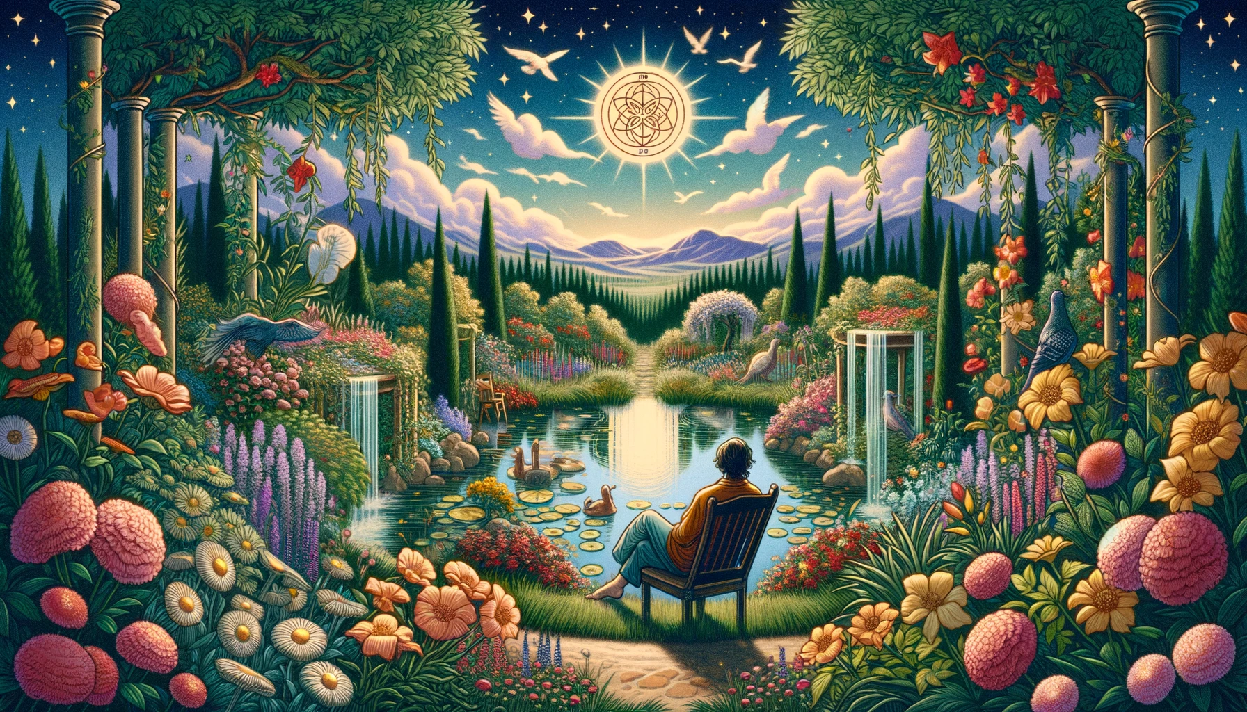 The image shows an individual seated peacefully in a lush, vibrant garden, surrounded by blooming flowers and lush greenery. They have a serene expression on their face, radiating contentment and inner peace. The scene evokes a sense of tranquility and solitude, symbolizing emotional independence and personal fulfillment. The individual appears comfortable and at ease in their own company, embodying the themes of self-sufficiency, prosperity, and the joy of enjoying life's luxuries achieved through their own efforts.