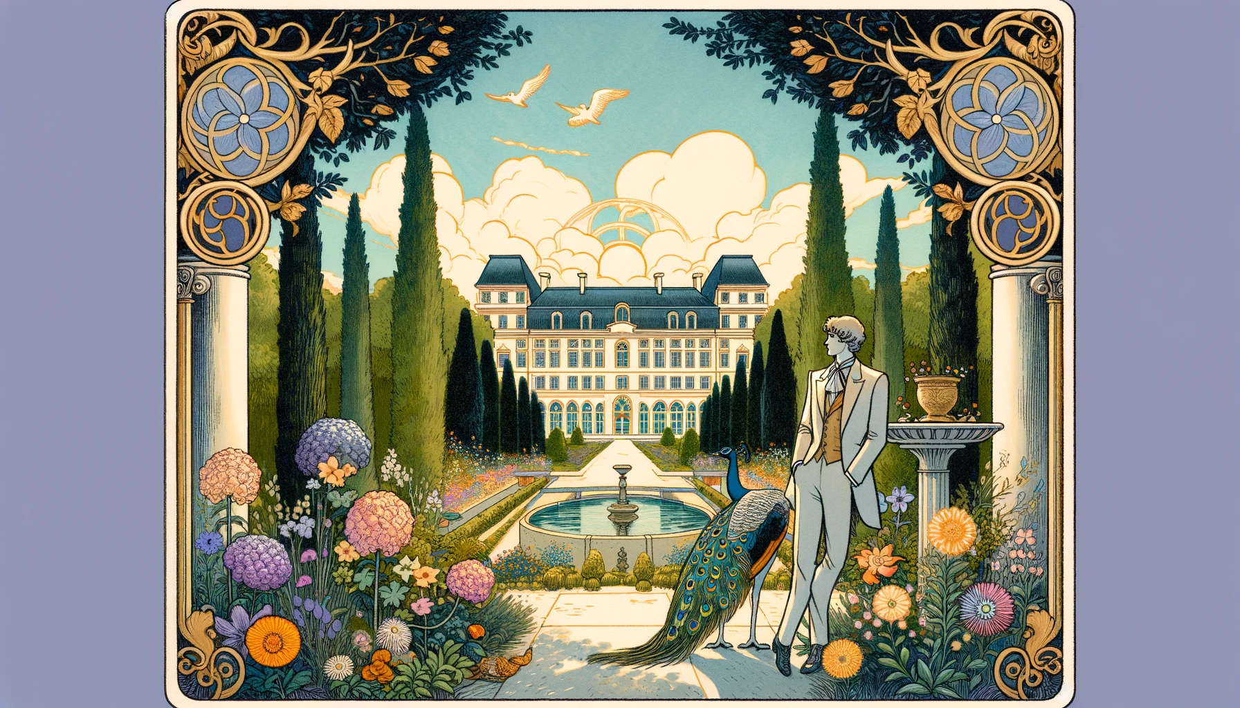 The image depicts a person standing tall and confident in a lush garden, surrounded by abundant greenery and blooming flowers. The individual exudes an aura of self-assurance and contentment, symbolizing self-reliance, success, and the fulfillment of personal achievements. The vibrant garden reflects prosperity and abundance, mirroring the person's cultivated life of luxury and satisfaction. This visualization embodies the essence of the Nine of Pentacles, emphasizing themes of autonomy, self-discipline, and the rewarding nature of personal effort in creating a fulfilling and prosperous existence.