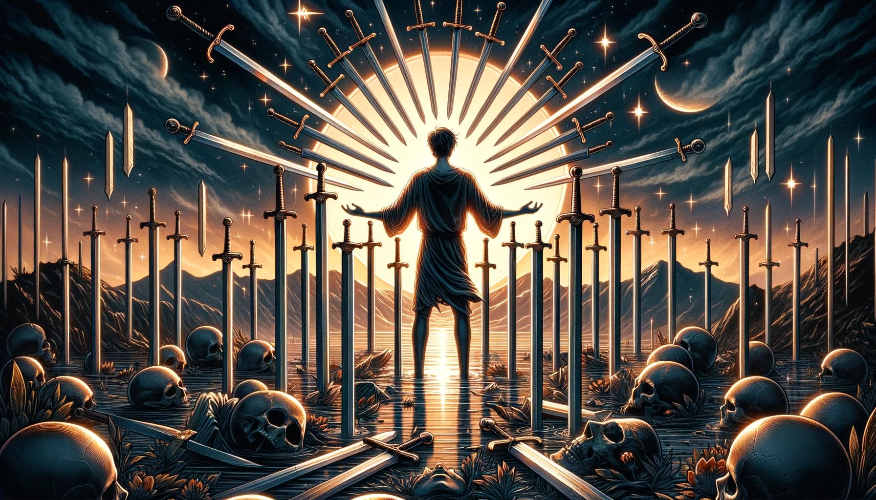 "The image portrays the longing to overcome fears and anxieties, symbolized by a figure amidst nine swords, transitioning from darkness to the first light of dawn, indicating hope, resilience, and the start of a journey towards healing and inner peace."