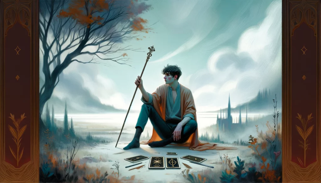 The image depicts an individual in a moment of hesitation or uncertainty in their creative or personal journey. The figure is shown in a contemplative pose with a thoughtful expression, set against a less vibrant landscape, suggesting a period of confusion or searching for clarity. The scene embodies the introspective and reflective nature of this phase, where the individual pauses to contemplate their next steps.
