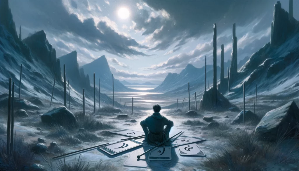 The image portrays an individual in a reflective stance amidst a landscape of stagnation, hinting at unfulfilled potential and the need for introspection. The subdued environment suggests a lack of progress or enthusiasm, yet subtle signs of life signify the potential for renewal and overcoming obstacles, embodying the period of reassessment before moving forward.