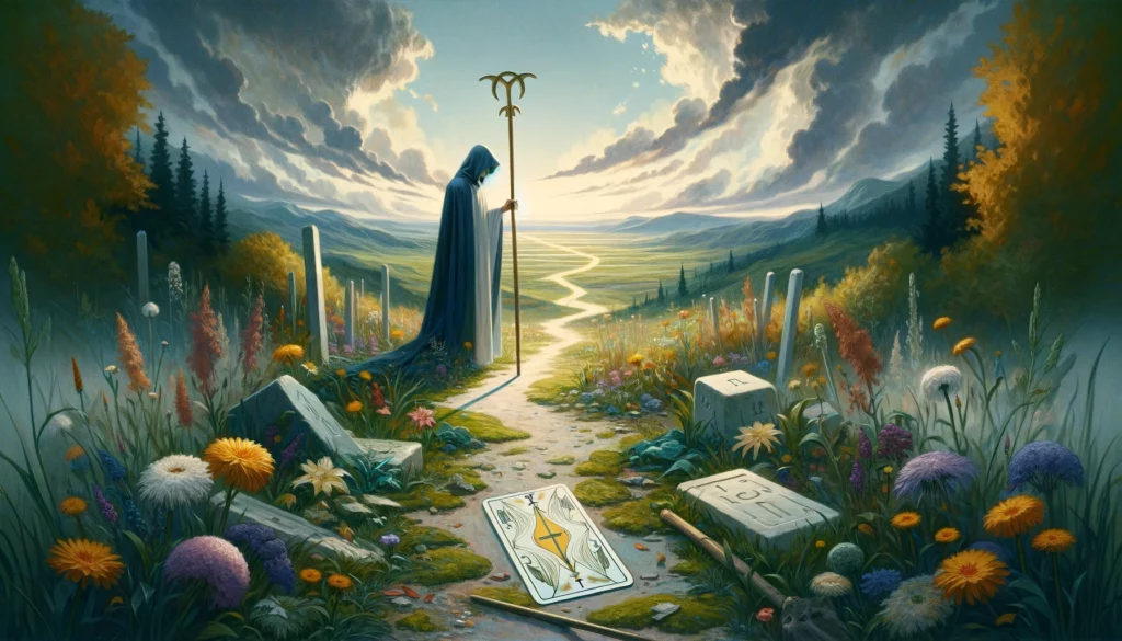 The image depicts a landscape with a path that abruptly ends or becomes obscured, embodying the introspection required at this juncture. Set against a backdrop that suggests with time and reflection, a path forward may yet be found, it highlights the cautious and reflective mood of the Reversed Page of Wands in a yes-or-no context.