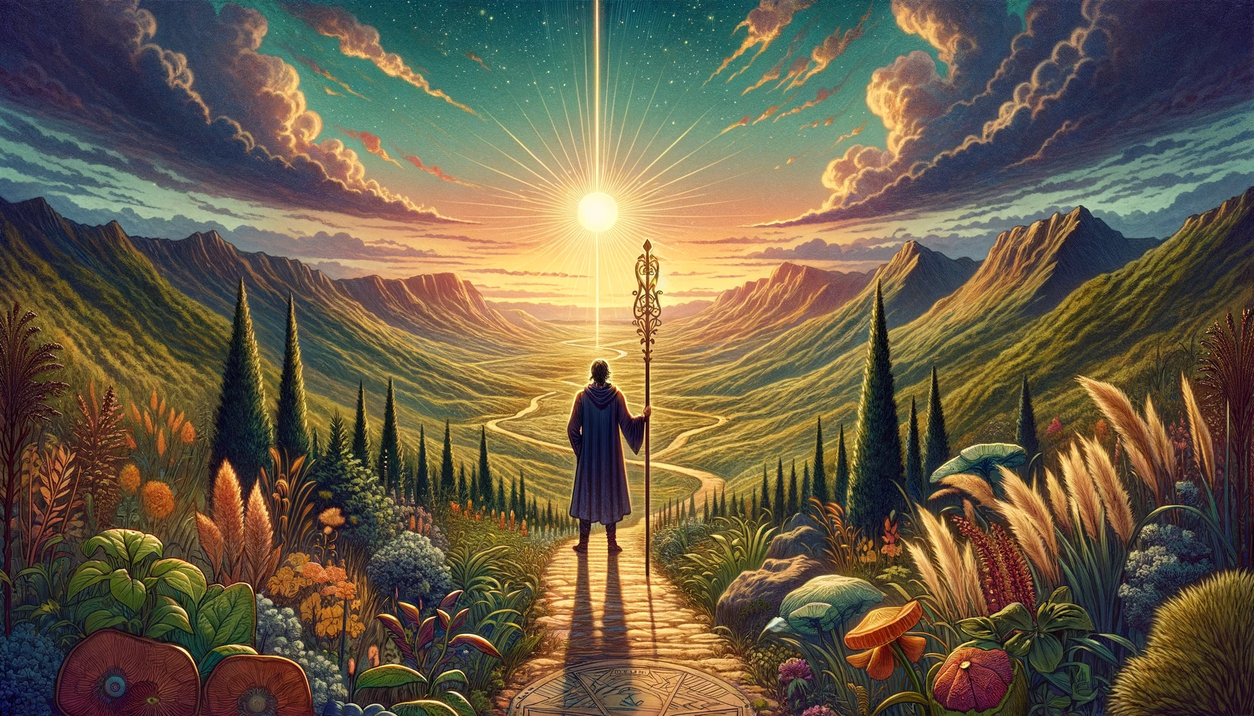 The image portrays a figure standing at the beginning of a path leading through uncharted territory, symbolizing exploration and discovery. They exhibit enthusiasm and a willingness to learn, set against a vibrant and varied landscape, conveying the excitement and energy of embarking on a new venture.