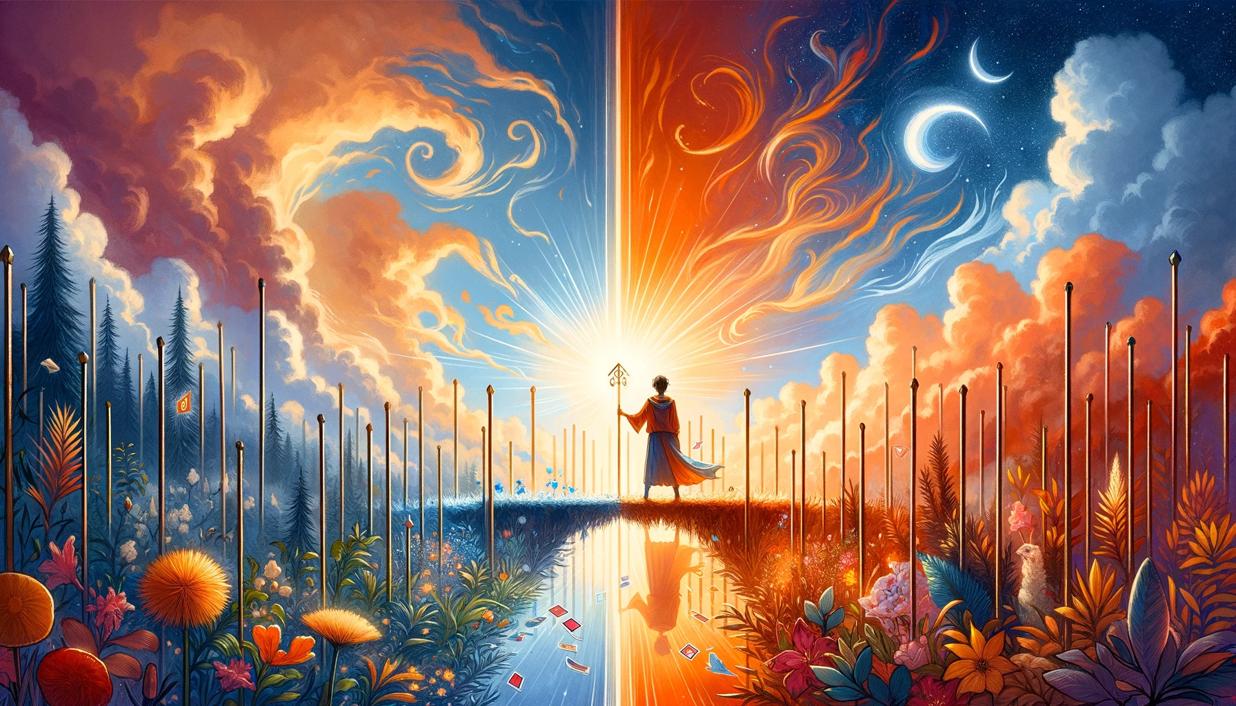 The image illustrates the dynamic energy and potential for new beginnings associated with the card. It features the contrasting sections of 'Yes' and 'No' answers through the Page of Wands in both its upright and reversed positions. Set against a backdrop that highlights the card's dual nature in answering yes or no questions, it embodies the potential outcomes of a query with vibrant energy and creativity on one side and delays or the need for introspection on the other.