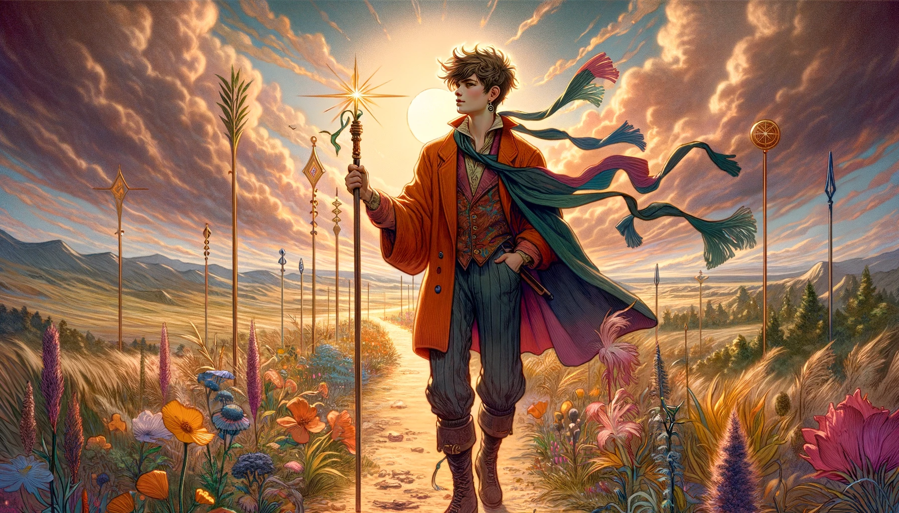 The image depicts a youthful, energetic individual brimming with ideas, creativity, and a thirst for adventure. Set against a landscape bursting with life and possibility, the scene embodies the character's potential for growth and the spark of new beginnings. The image exudes energy, enthusiasm, and optimism, reflecting the essence of this tarot figure.